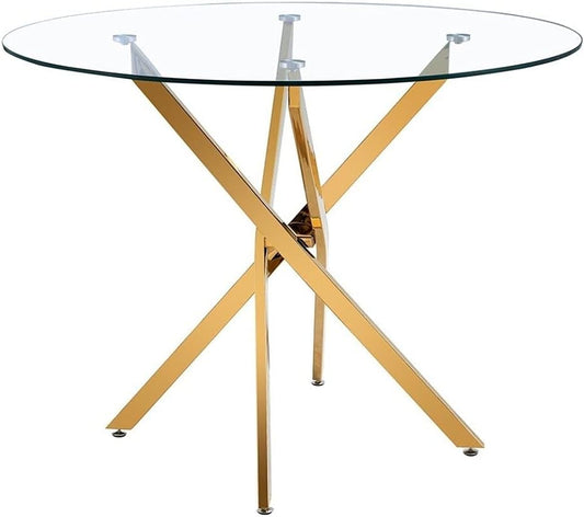 Modern Round Glass Dining Table with Gold Metal Star Base – Clear Tempered Top for Dining or Coffee Spaces, Ideal for 2–4 People