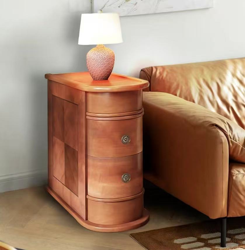 2-Drawer Solid Wood Narrow End Table, No Assembly Required Narrow Sofa Side Table for Living Room, Vintage Slim Nightstand Bedside Table for Bedroom Small Spaces