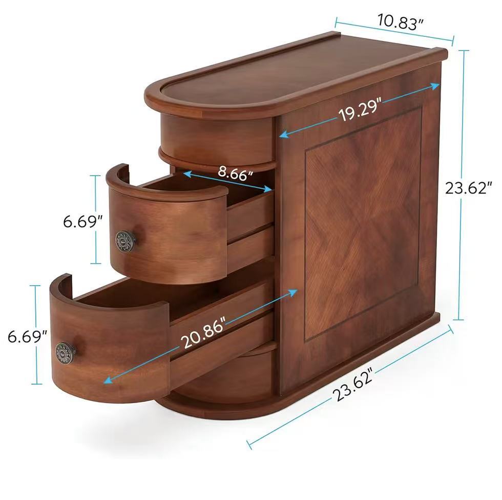 2-Drawer Solid Wood Narrow End Table, No Assembly Required Narrow Sofa Side Table for Living Room, Vintage Slim Nightstand Bedside Table for Bedroom Small Spaces