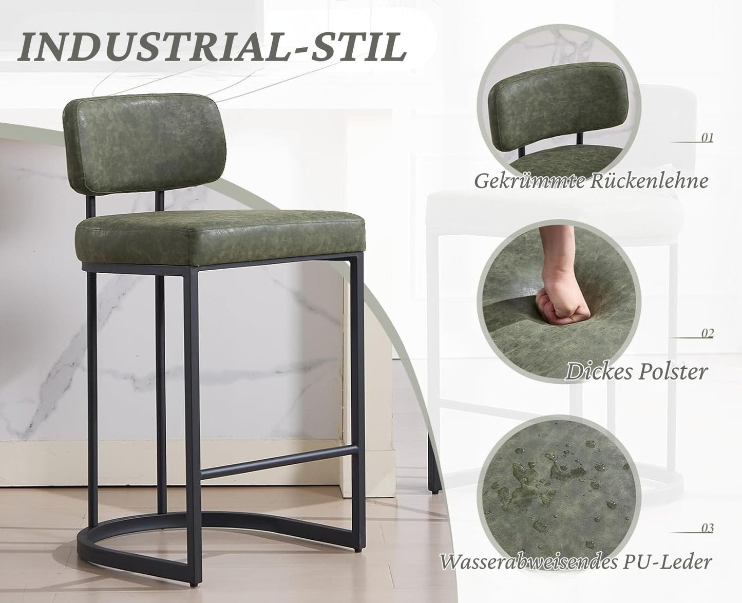 Set of 2 Bar Stools PU Leather Bar Stools with Backrest and Footrest, Kitchen Bar Stools with Metal Legs for Bar Counter Kitchen