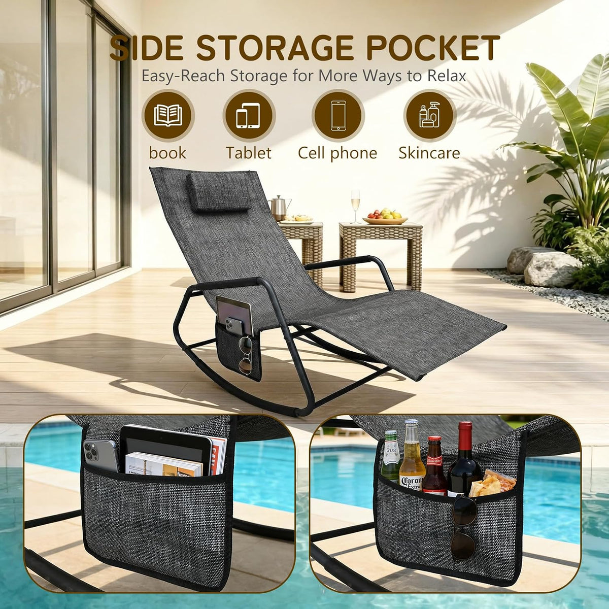Set of 2 Outdoor Rocking Lounge Chairs, Ergonomic Textilene Chaise Loungers with Side Pockets & Removable Headrests, Breathable All-Weather Patio Chairs for Poolside, Garden & Porch, Gray and Beige
