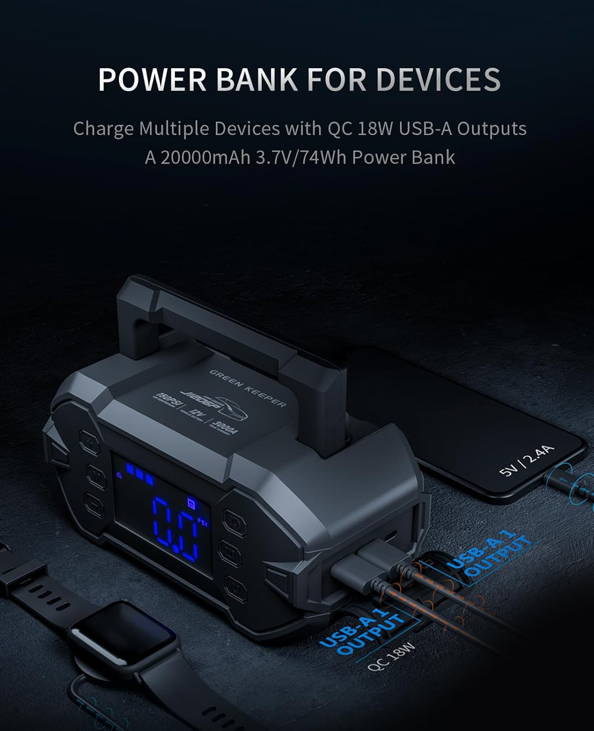 Portable 3000A Car Jump Starter with Air Compressor, 12V Battery Booster for Up to 8.0L Gas & Diesel Engines, Power Bank & Charger, All-Weather Use