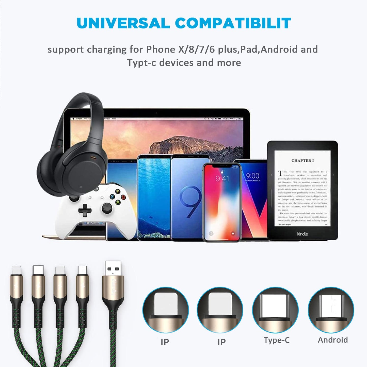 Multi Charging Cable,Bismdky 2Pack 4FT Nylon Braided Universal 4 in 1 Multiple USB Cable 3A Charging ，with Dual Phone/USB-C/Micro-USB Port Adapter Connectors for Cell Phones Tablets and More