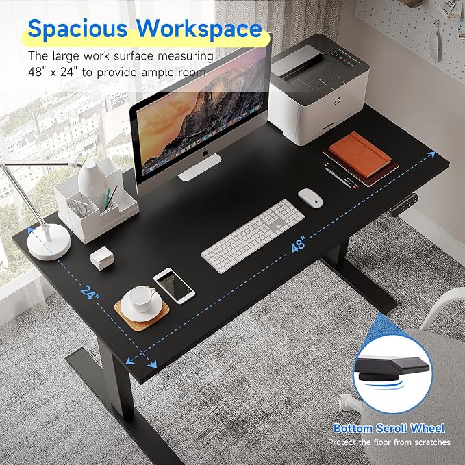 Soohow Electric Standing Desk 48 x 24 Inches Adjustable Height Desk, Dual Motor Stand Up Computer Desk, Black Tabletop (120 x 60 cm), Black Frame for Home Office