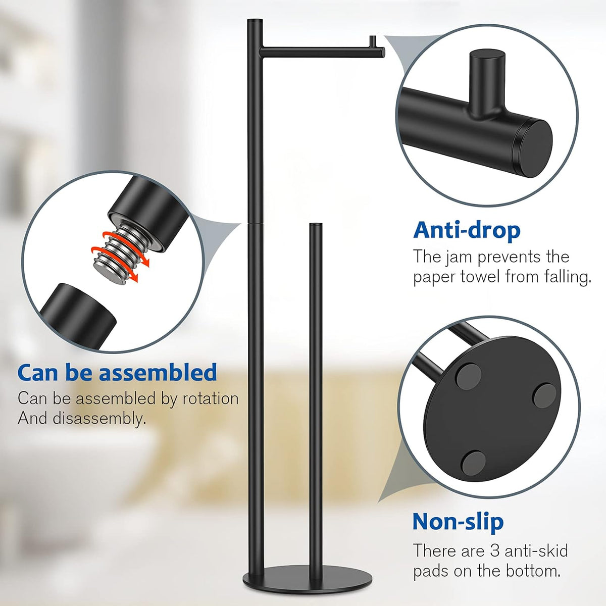 Toilet Paper Holder Stand, Bathroom Free Standing with Storage, Black