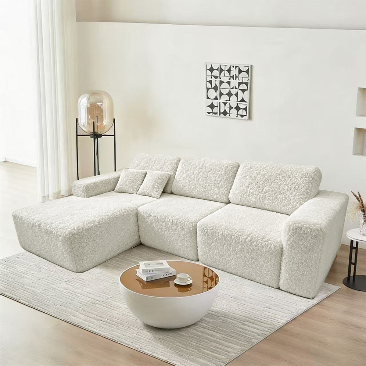 Teddy Compression Sofa Upholstered Velvet Chaise longue sofa For Four Person, High Rebound Density Sponge Sofa for Living Room, Bedroom, Apartment or Office, 284cm