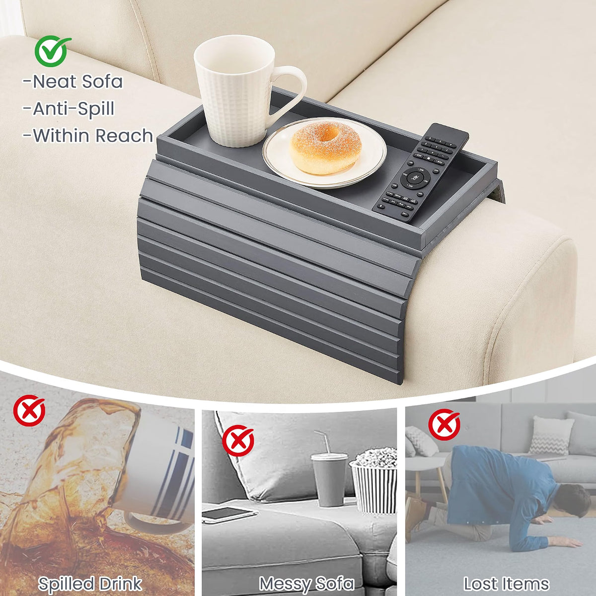 Maxxus Bamboo Sofa Arm Tray Table for Couch, Anti-Slip Armrest Clip On Tray, Cup Holder for Snacks, Phone, Control, Cups - Flexible and Foldable (Gray)