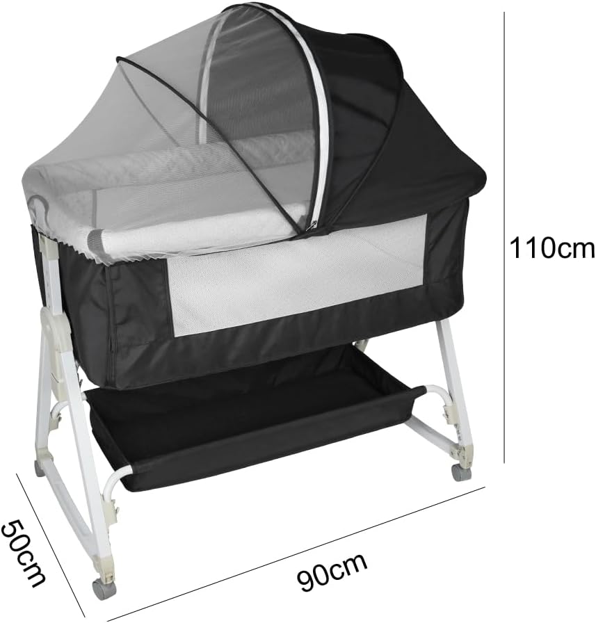Premium Baby Bassinet Bedside Sleeper with Cradle Function and Lockable Wheels, Storage Tray, Breathable Mesh Sides and Cover, 7-Height Adjustable, Easy-Fold Crib for Newborns