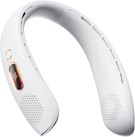 Portable Neck Fan with LED Display, 3 Speeds, 4000mAh Rechargeable Battery, Low Noise, Hands-Free Cooling for Travel, Work, Indoor & Outdoor (White)