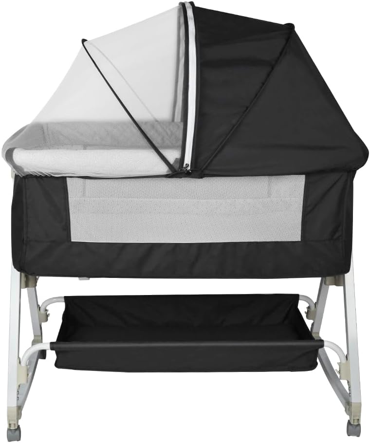 Premium Baby Bassinet Bedside Sleeper with Cradle Function and Lockable Wheels, Storage Tray, Breathable Mesh Sides and Cover, 7-Height Adjustable, Easy-Fold Crib for Newborns