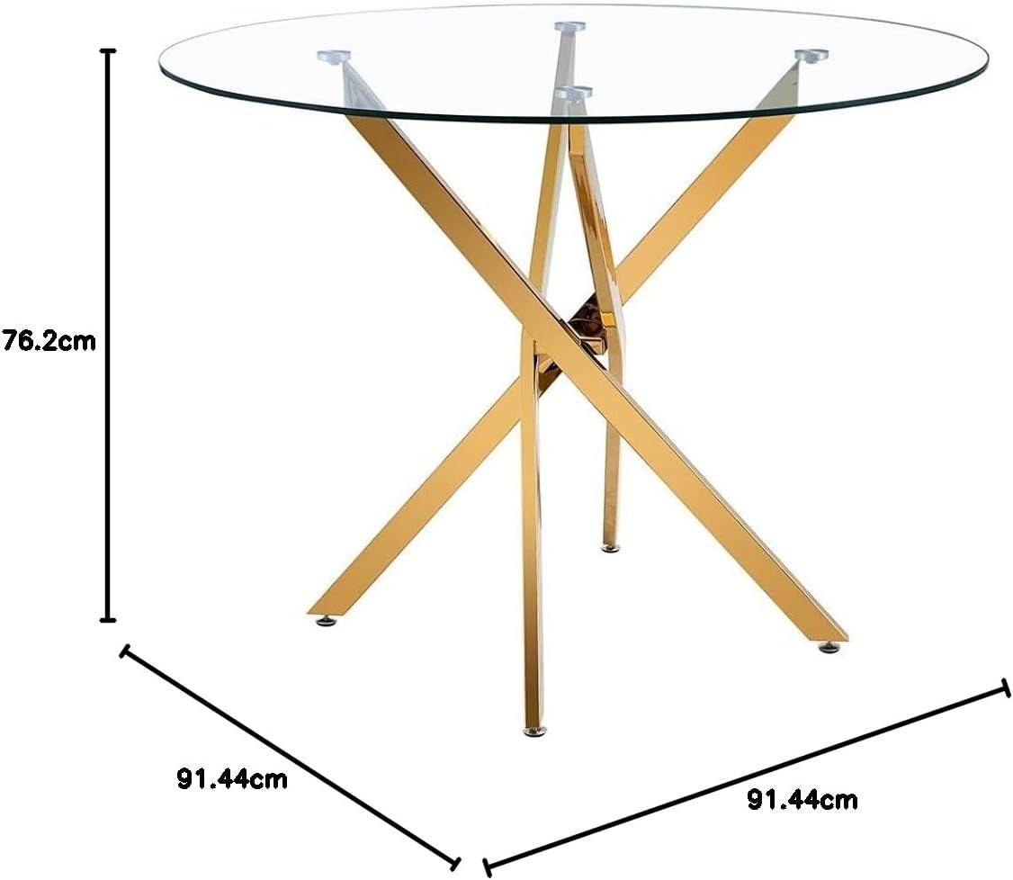 Modern Round Glass Dining Table with Gold Metal Star Base – Clear Tempered Top for Dining or Coffee Spaces, Ideal for 2–4 People