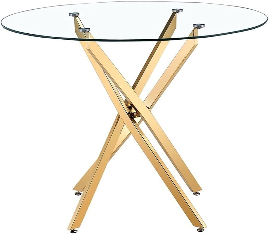Modern Round Glass Dining Table with Gold Metal Star Base – Clear Tempered Top for Dining or Coffee Spaces, Ideal for 2–4 People