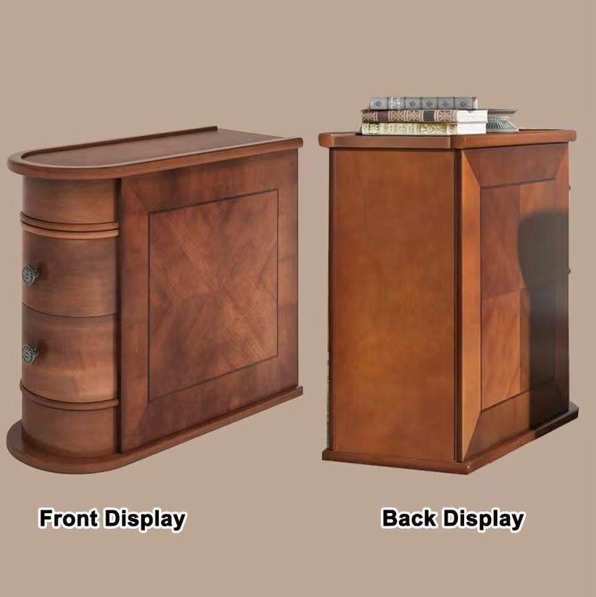 2-Drawer Solid Wood Narrow End Table, No Assembly Required Narrow Sofa Side Table for Living Room, Vintage Slim Nightstand Bedside Table for Bedroom Small Spaces