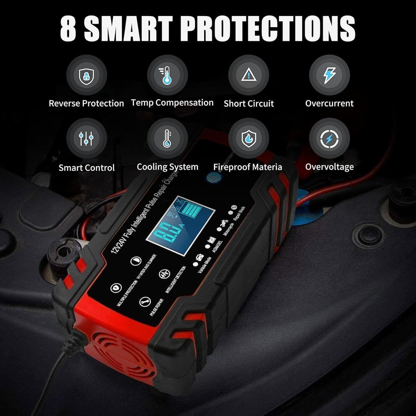 Maxxus 8A Battery Charger 12/24V Lead Acid Automatic Smart Car Battery Charger, Trickle & Pulse Repair, Automobile Battery Maintainer for Car Truck Motorcycle Lawn Mower Boat