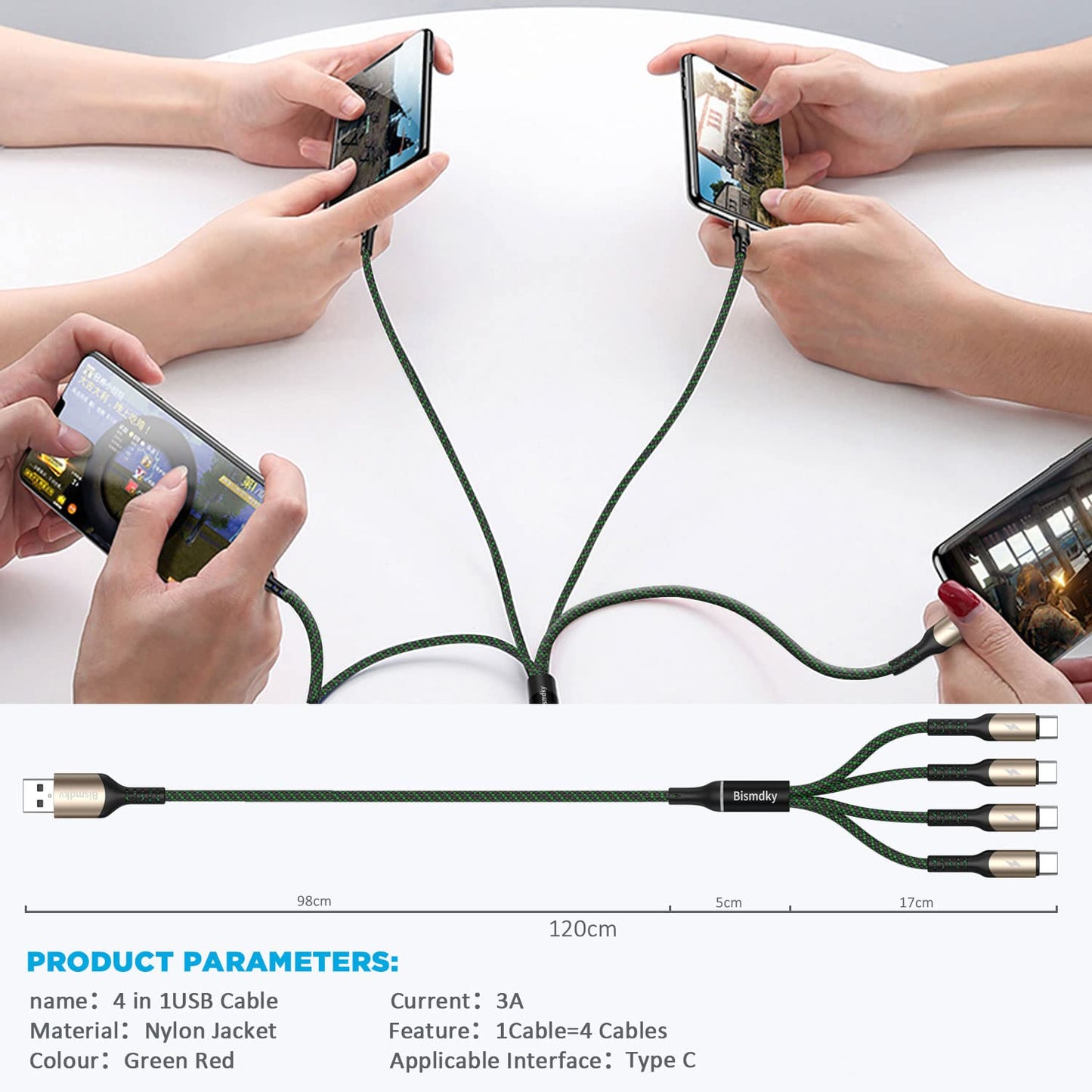 Multi Charging Cable,Bismdky 2Pack 4FT Nylon Braided Universal 4 in 1 Multiple USB Cable 3A Charging ，with Dual Phone/USB-C/Micro-USB Port Adapter Connectors for Cell Phones Tablets and More