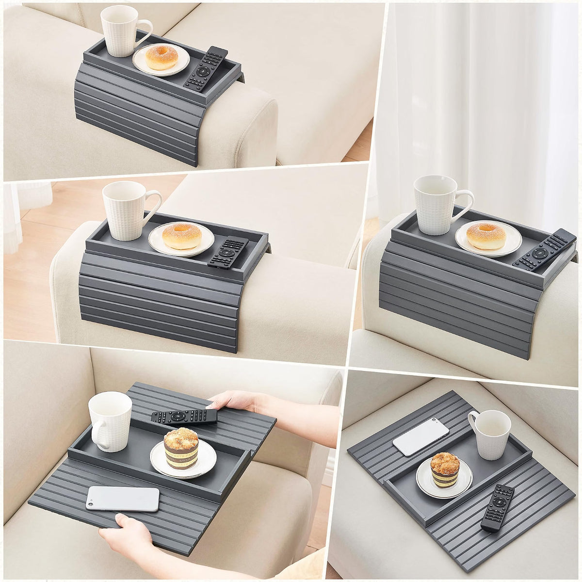 Maxxus Bamboo Sofa Arm Tray Table for Couch, Anti-Slip Armrest Clip On Tray, Cup Holder for Snacks, Phone, Control, Cups - Flexible and Foldable (Gray)