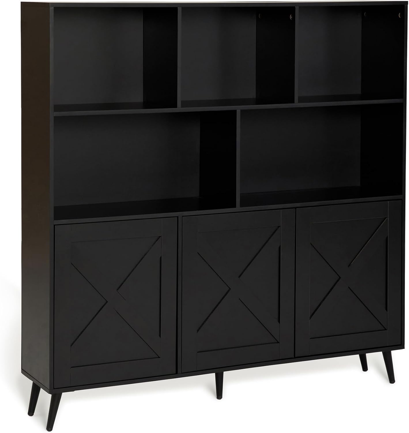 Wooden Bookcase, Tall Bookshelf Bookcase with Doors, Black Bookshelf Cabinet with Storage, Book Cases Display Cabinet Bookshelves for Home, Office, Living Room, Bedroom