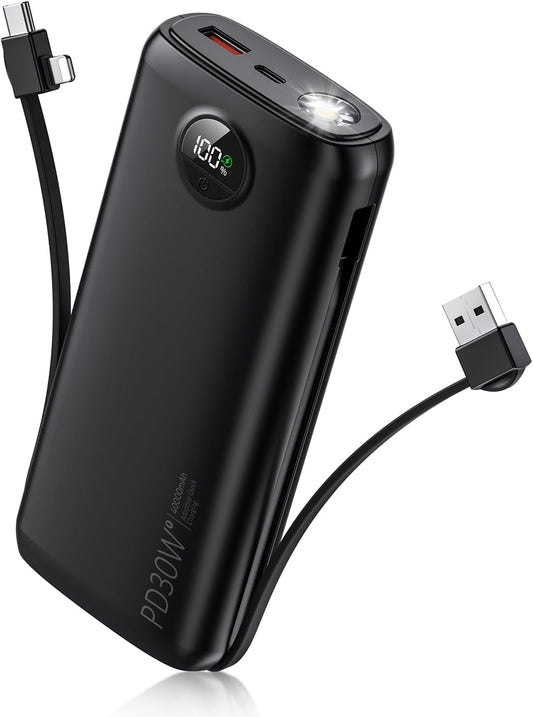 Portable Charger with Built in Cable Power Bank 40000mAh PD 30W Fast Charger Battery Pack Built-in Type-C/iOS Cable and Flashlight for iPhone Samsung Google iPad or Android Phone