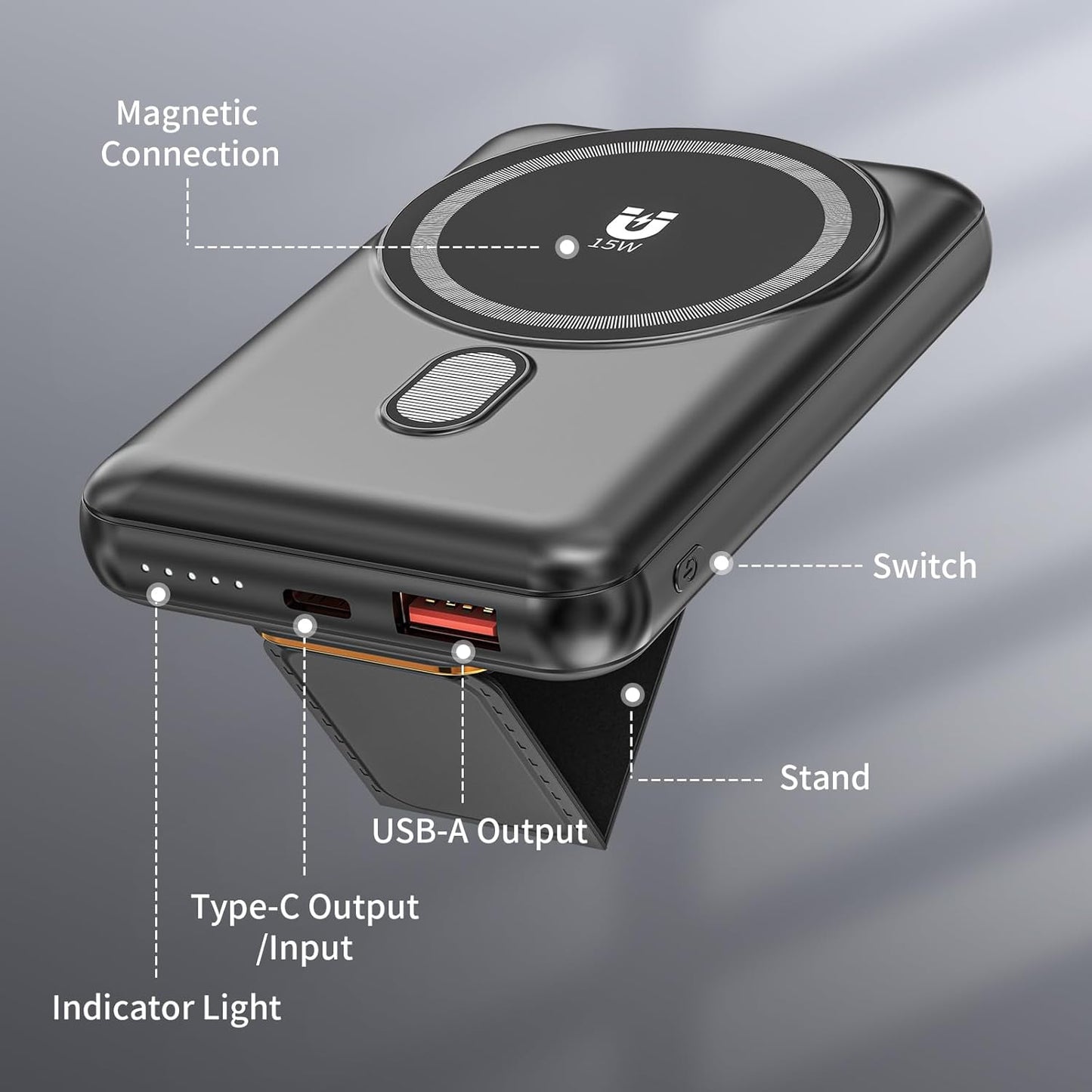 Magnetic Power Bank 10000mAh, Wireless Portable Charger with Stand, 15W Fast Charging Magnetic Battery Pack w/USB-Type C, Compatible with Magsafe iPhone and Android Phone, iphone 16/15/14/13/12