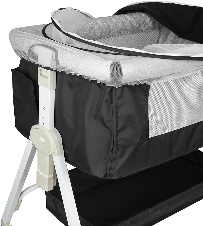 Premium Baby Bassinet Bedside Sleeper with Cradle Function and Lockable Wheels, Storage Tray, Breathable Mesh Sides and Cover, 7-Height Adjustable, Easy-Fold Crib for Newborns