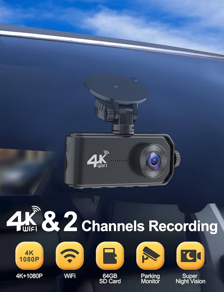 4K Dash Cam Front and Rear Camera, 4K+1080P Dual Dash Cam with WiFi, 3.12 Inch Screen Dash Camera for Cars, Dashboard Camera with Free 64G Card, Super Night Vision, Type-C Port