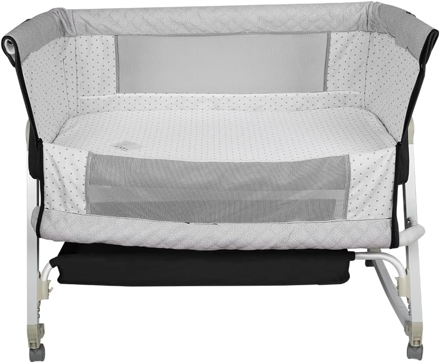 Premium Baby Bassinet Bedside Sleeper with Cradle Function and Lockable Wheels, Storage Tray, Breathable Mesh Sides and Cover, 7-Height Adjustable, Easy-Fold Crib for Newborns