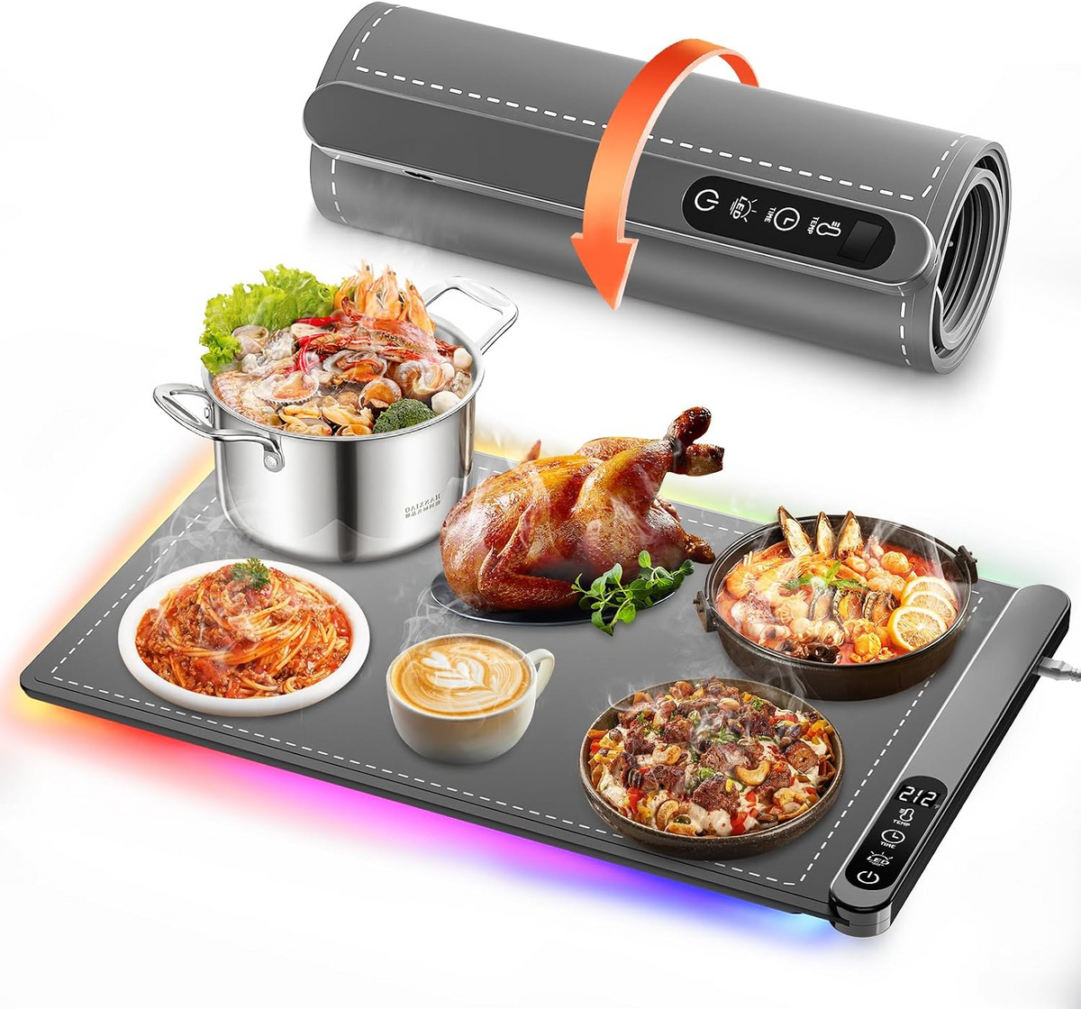 Electric Food Warming Mat with 6 Level Adjustable Temperature and 6 Hours Timer, Upgrade High-tech Graphene Heating Film, Fast Full Surface Heating Mat, Roll Up Food Warmers for Parties Buffet