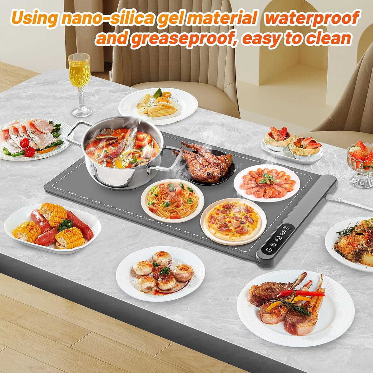 Electric Food Warming Mat with 6 Level Adjustable Temperature and 6 Hours Timer, Upgrade High-tech Graphene Heating Film, Fast Full Surface Heating Mat, Roll Up Food Warmers for Parties Buffet