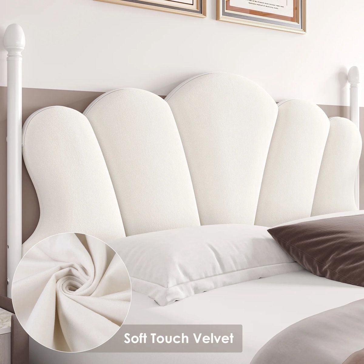 Velvet Upholstered Full-Size Bed Frame with 4 Storage Drawers, Cloud-Shaped Headboard, Sturdy Metal Slat Support, No Box Spring Required, Beige