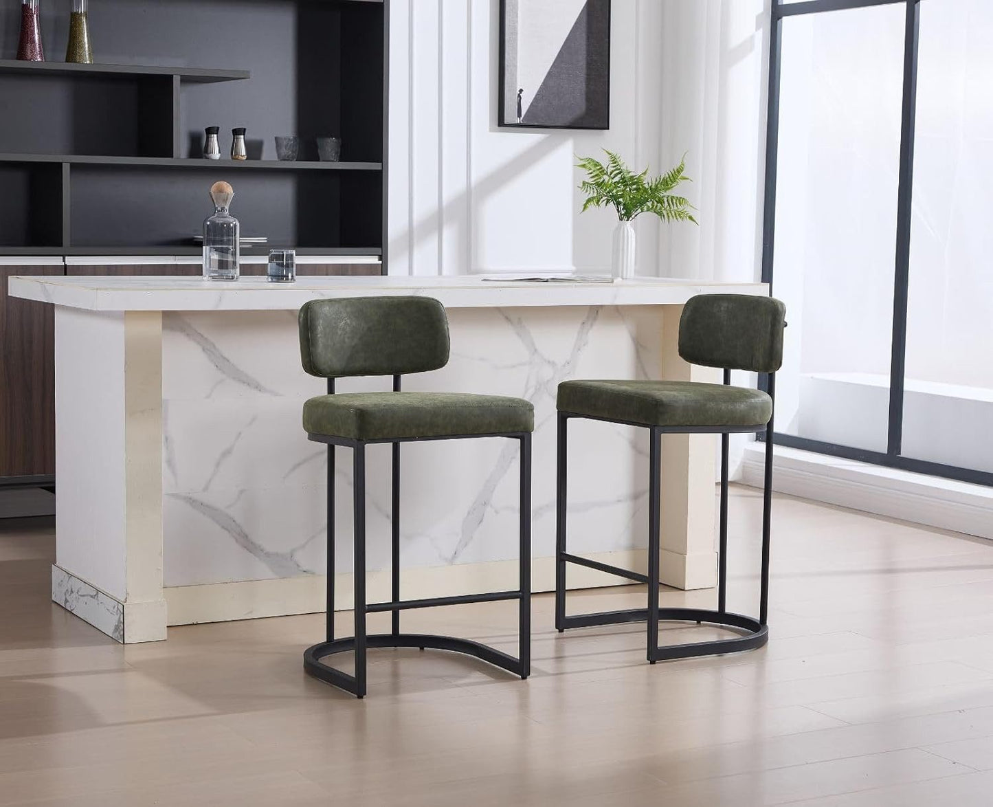 Set of 2 Bar Stools PU Leather Bar Stools with Backrest and Footrest, Kitchen Bar Stools with Metal Legs for Bar Counter Kitchen