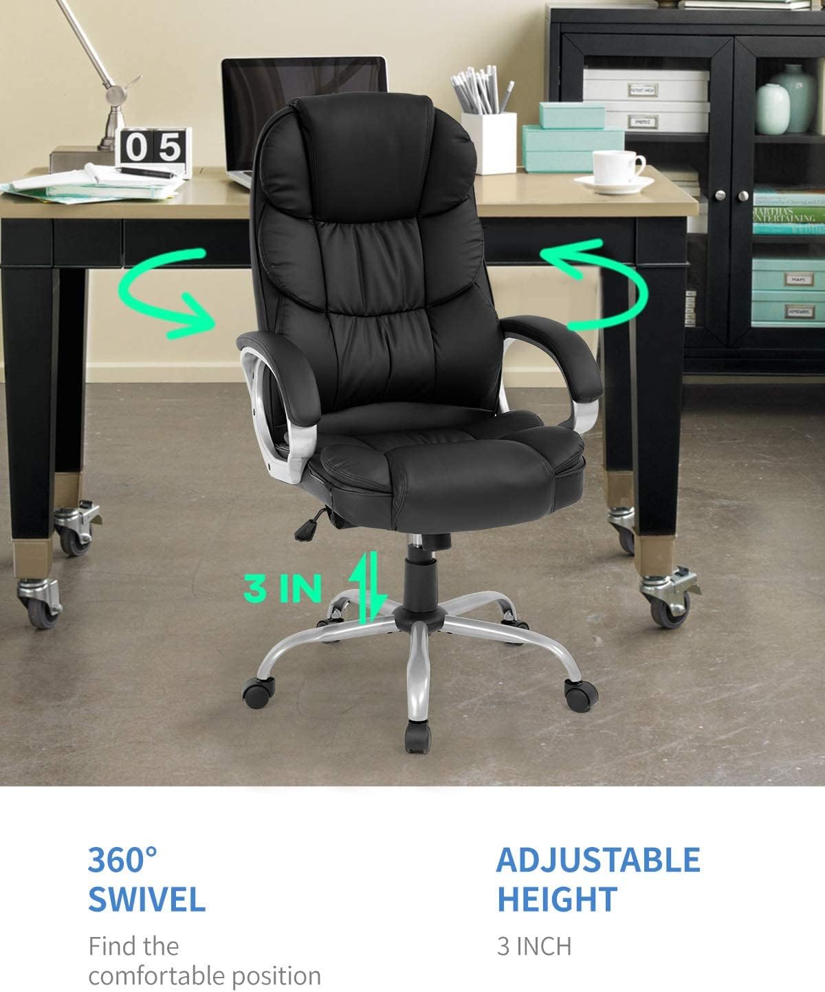 Premium Office Chair Computer High Back Adjustable Ergonomic Desk Chair Executive PU Leather Swivel Task Chair with Armrests Lumbar Support (Black)