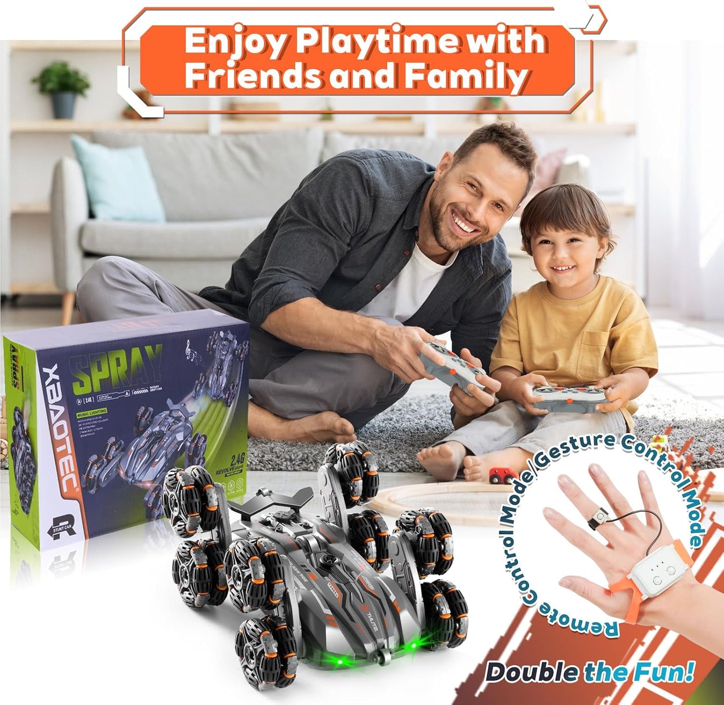 8WD Remote Gesture Sensing Stunt Control Car with Light Spray Effect, Music & Automatic Demonstration 8 Wheel 360°Flip Double Sided Rotate Stunt Car, 2.4Ghz RC Car Toy for Age 3-14 Kids Gifts (Black)