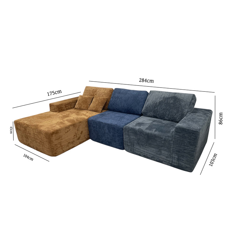 Teddy Compression Sofa Upholstered Velvet Chaise longue sofa For Four Person, High Rebound Density Sponge Sofa for Living Room, Bedroom, Apartment or Office, 284cm