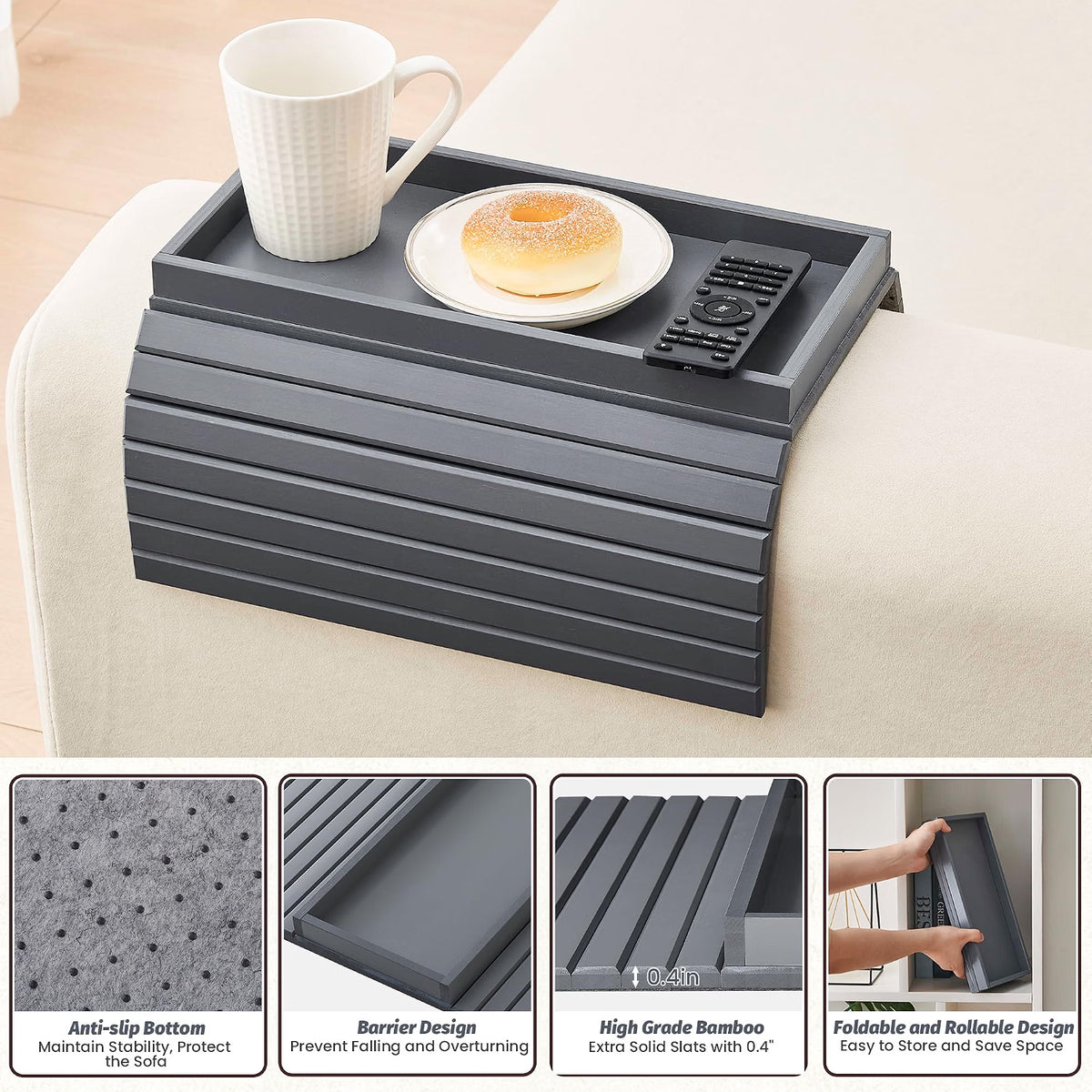 Maxxus Bamboo Sofa Arm Tray Table for Couch, Anti-Slip Armrest Clip On Tray, Cup Holder for Snacks, Phone, Control, Cups - Flexible and Foldable (Gray)