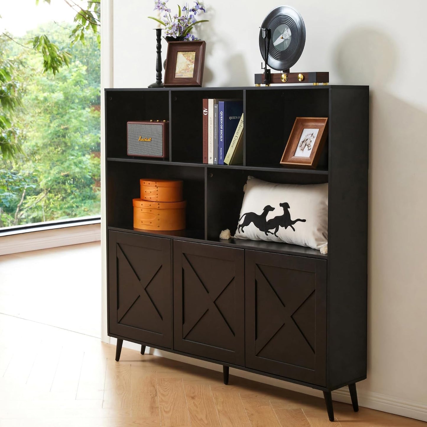 Wooden Bookcase, Tall Bookshelf Bookcase with Doors, Black Bookshelf Cabinet with Storage, Book Cases Display Cabinet Bookshelves for Home, Office, Living Room, Bedroom