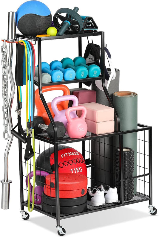 All-in-One Sports & Gym Storage Rack, Yoga Mat Storage Rack Workout Equipment Storage Rack for Dumbbells Kettlebell Resistance Band, Exercise Equipment Gym Rack Organizer with Wheel and Levelling Feet