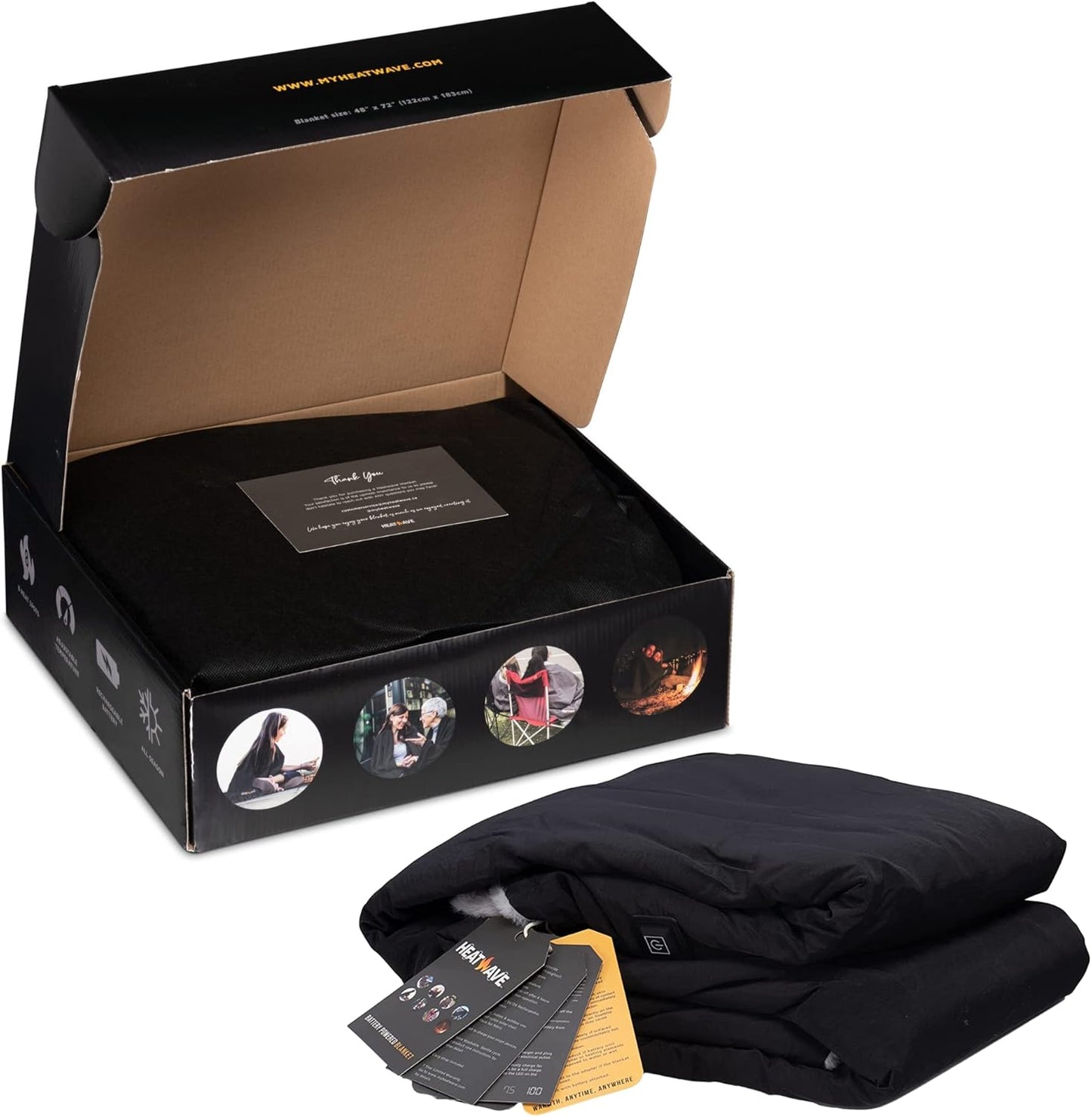 Black Battery Powered Heated Rechargeable Blanket by My Heat Wave - Portable Outdoor Cordless Blanket with USB Charging - 3 Heating Levels