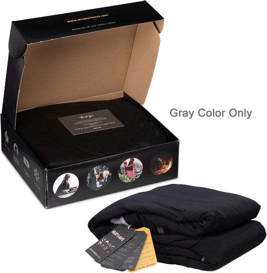 Black Battery Powered Heated Rechargeable Blanket by My Heat Wave - Portable Outdoor Cordless Blanket with USB Charging - 3 Heating Levels(Grey)