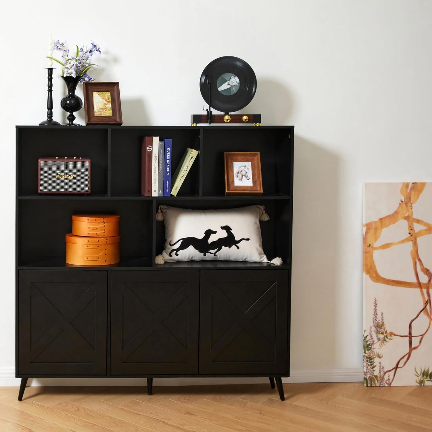 Wooden Bookcase, Tall Bookshelf Bookcase with Doors, Black Bookshelf Cabinet with Storage, Book Cases Display Cabinet Bookshelves for Home, Office, Living Room, Bedroom