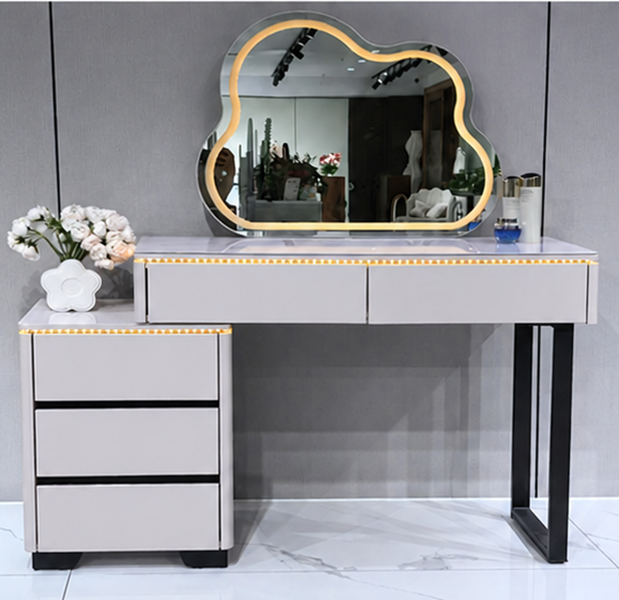 Modern Luxury Makeup Dresser with Cloud shape Mirror, 3 Drawer Glass Top Vanity Dresser and Led Light for Bedroom or Living Room