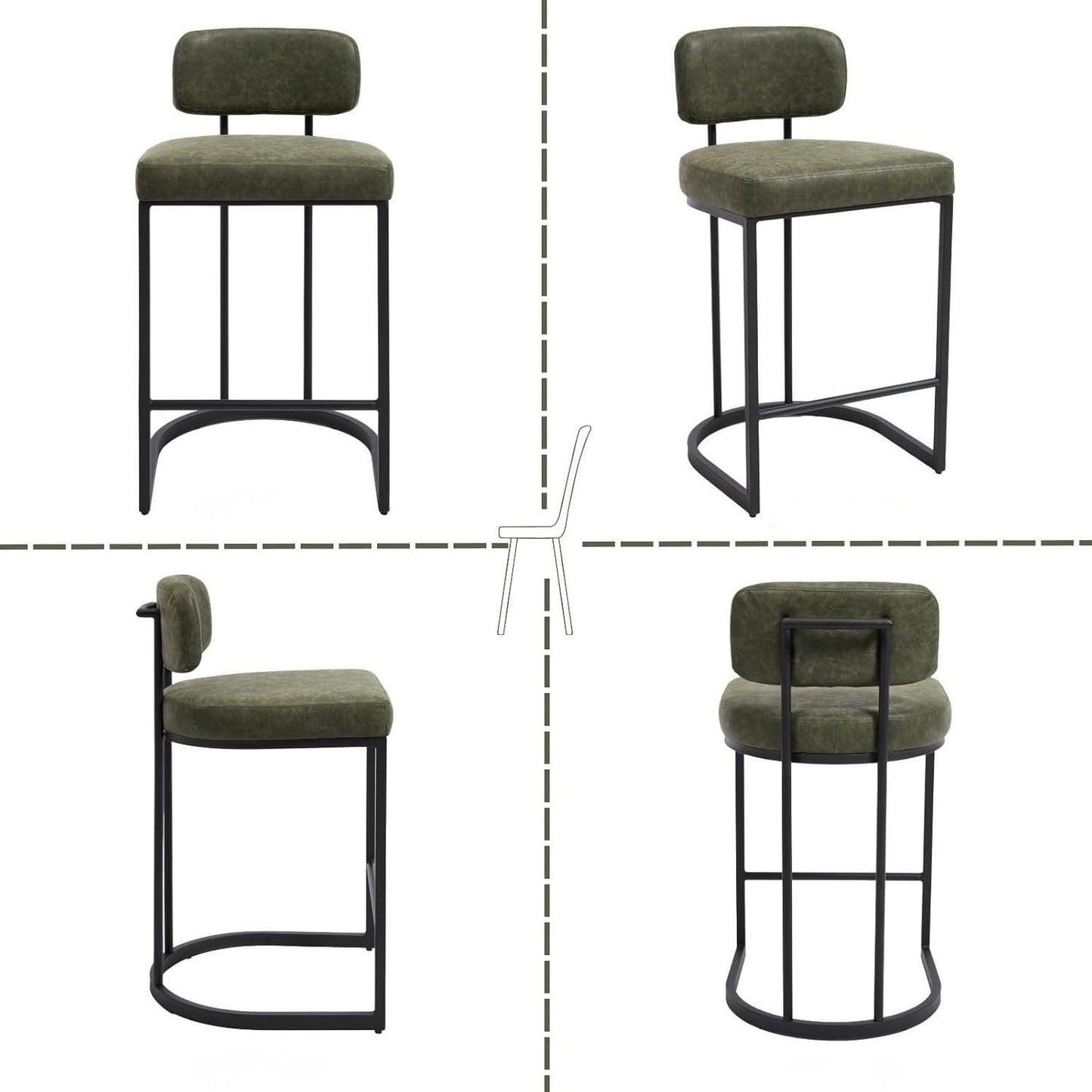 Set of 2 Bar Stools PU Leather Bar Stools with Backrest and Footrest, Kitchen Bar Stools with Metal Legs for Bar Counter Kitchen