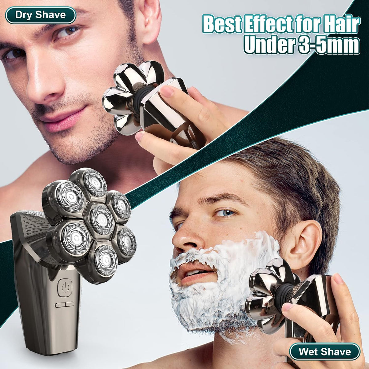 7D Head Shaver Detachable, 6-IN-1 Electric Razor LCD Display Skull Shaver for Bald Men 3 Speeds, IPX7 Waterproof Wet/Dry Electric Rotary Shaver Grooming Kit for Hair,Beard,Face Rechargeable