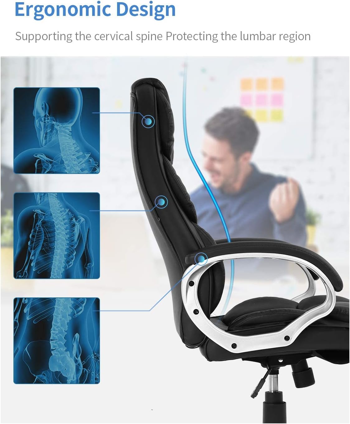 Premium Office Chair Computer High Back Adjustable Ergonomic Desk Chair Executive PU Leather Swivel Task Chair with Armrests Lumbar Support (Black)