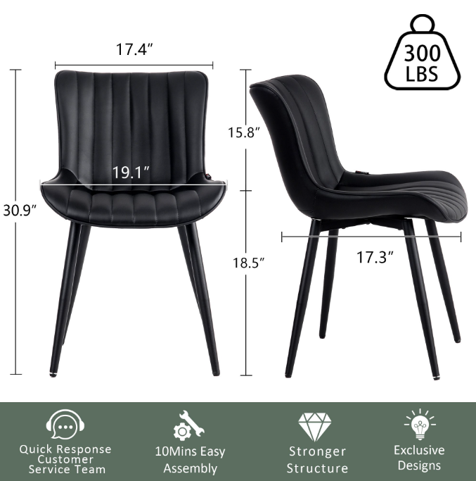 Dining Chairs Set of 2,Mid Century Modern Kitchen Chairs,Upholstered Fabric Armless Dinning Side Chairs with Back and Metal Legs for Kitchen,Dining Room,Living Room, Black