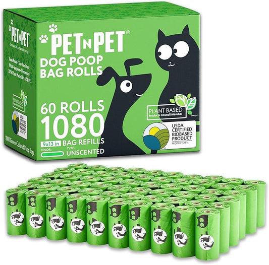 Dog Poop Bags – 38% Plant-Based, Leak-Proof and Durable Waste Bags for Dogs and Cats, Refill Rolls for Small and Large Pets (1080 Count, Unscented, Green)