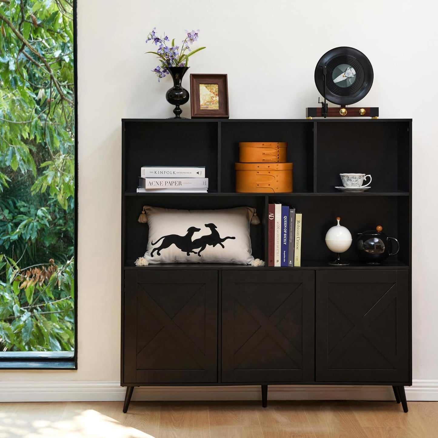 Wooden Bookcase, Tall Bookshelf Bookcase with Doors, Black Bookshelf Cabinet with Storage, Book Cases Display Cabinet Bookshelves for Home, Office, Living Room, Bedroom