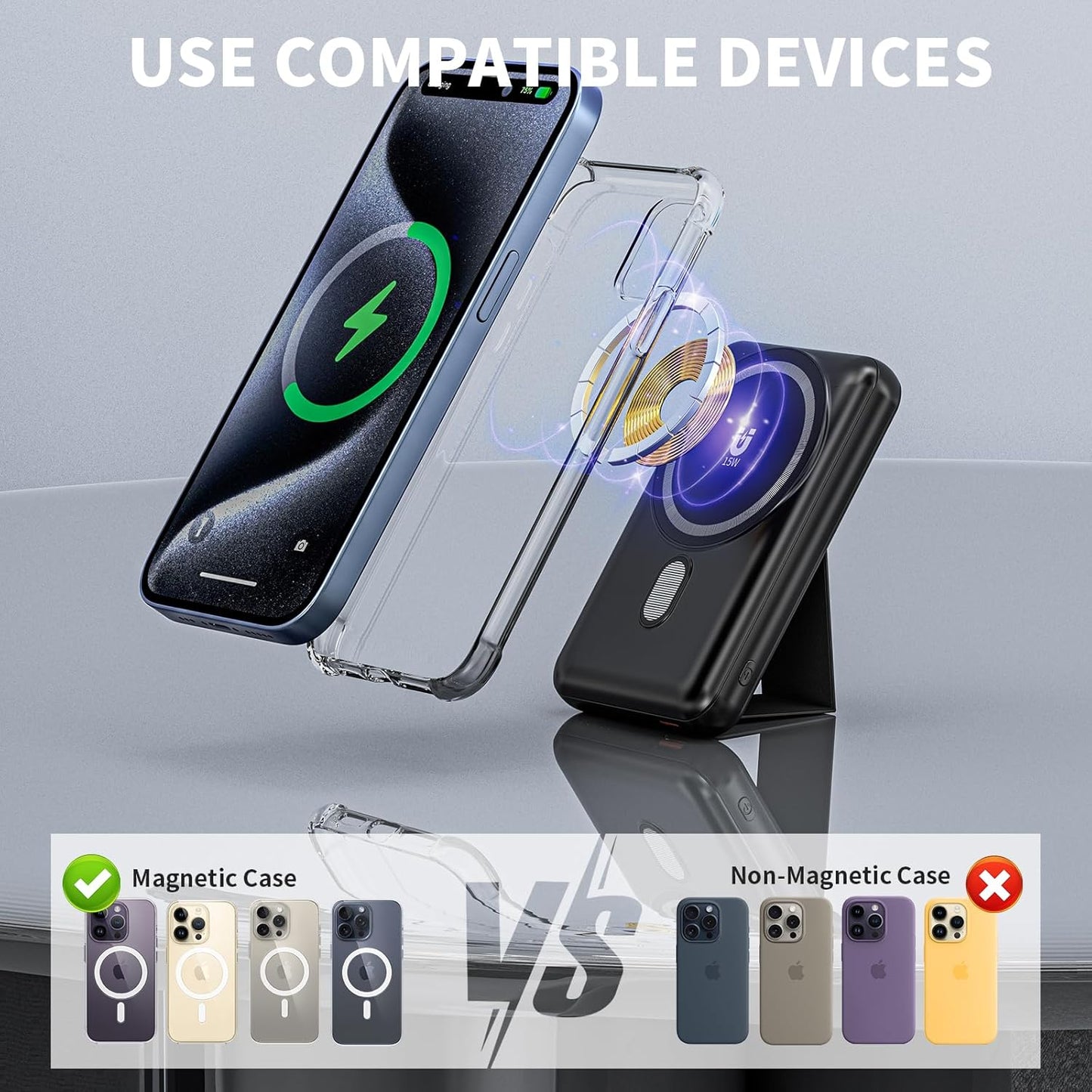 Magnetic Power Bank 10000mAh, Wireless Portable Charger with Stand, 15W Fast Charging Magnetic Battery Pack w/USB-Type C, Compatible with Magsafe iPhone and Android Phone, iphone 16/15/14/13/12