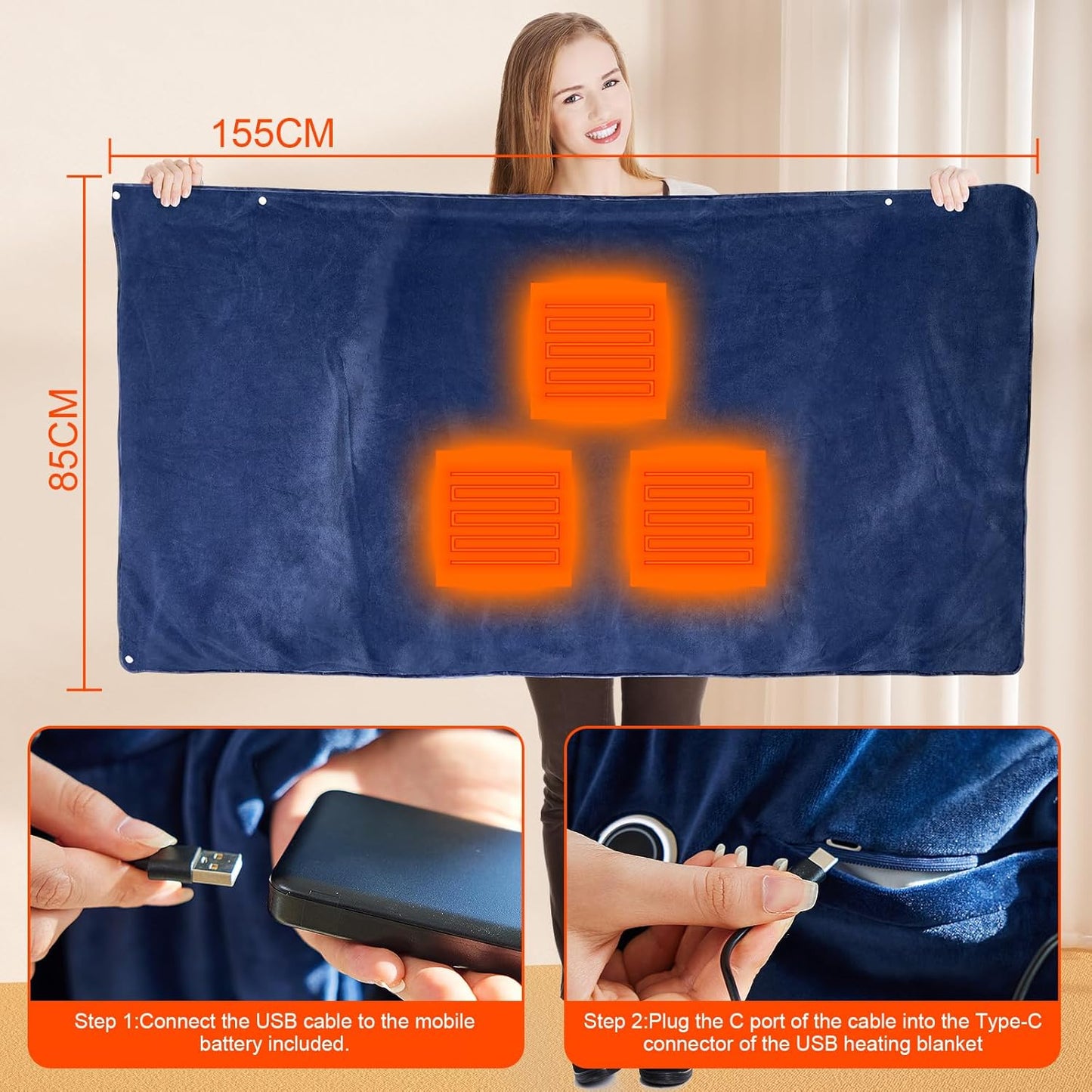 Heated Blanket Battery Operated,Portable Electric Blanket,Heating Blanket 10000mAH,61”x34” USB Heated Blanket Throw,3 Levels Temperature,Flannel Electric Throw Blanket for Home,Office,Camping,Travel