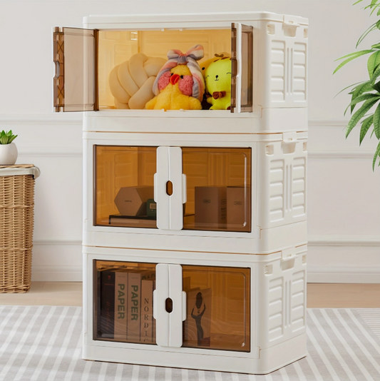 3-Tier Stackable Plastic Storage Bins With Lids Foldable Storage Boxes With Doors & Wheels 80QT/ 76L