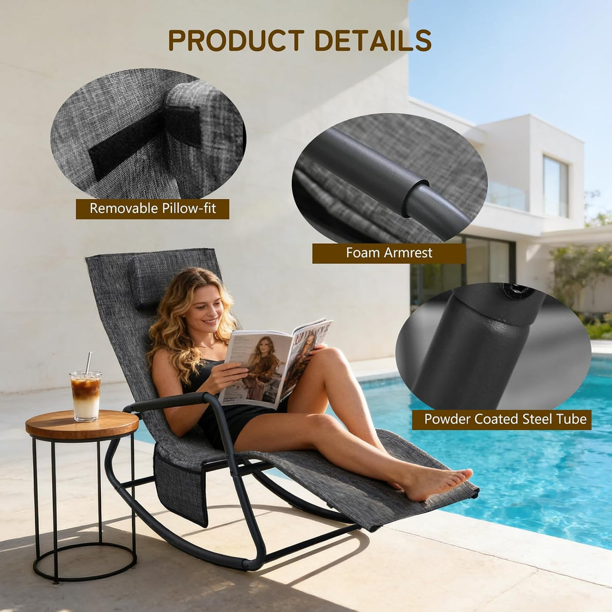 Set of 2 Outdoor Rocking Lounge Chairs, Ergonomic Textilene Chaise Loungers with Side Pockets & Removable Headrests, Breathable All-Weather Patio Chairs for Poolside, Garden & Porch, Gray and Beige